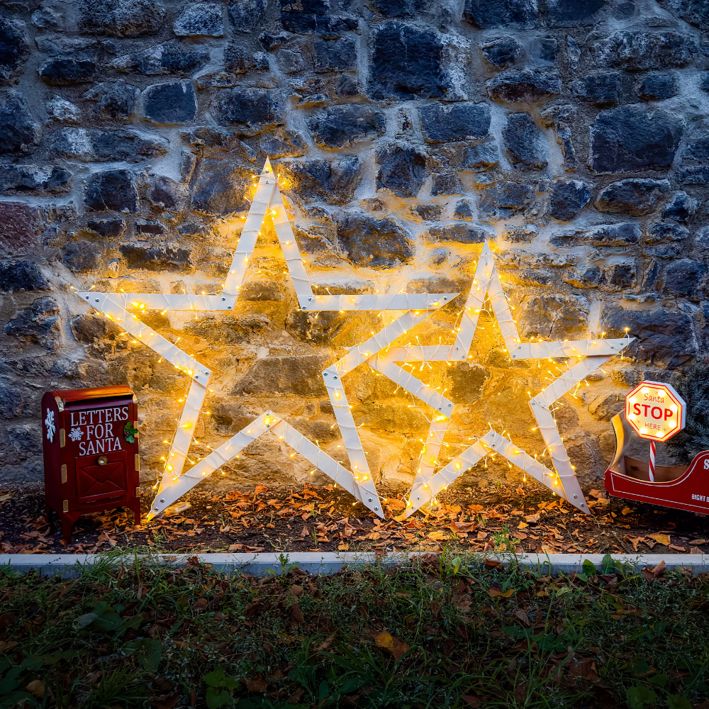 Weihnachtsdeko Set aus Holz, Stern und Tannenbaum für Lichterkette, Bausatz für Garten und Terrasse