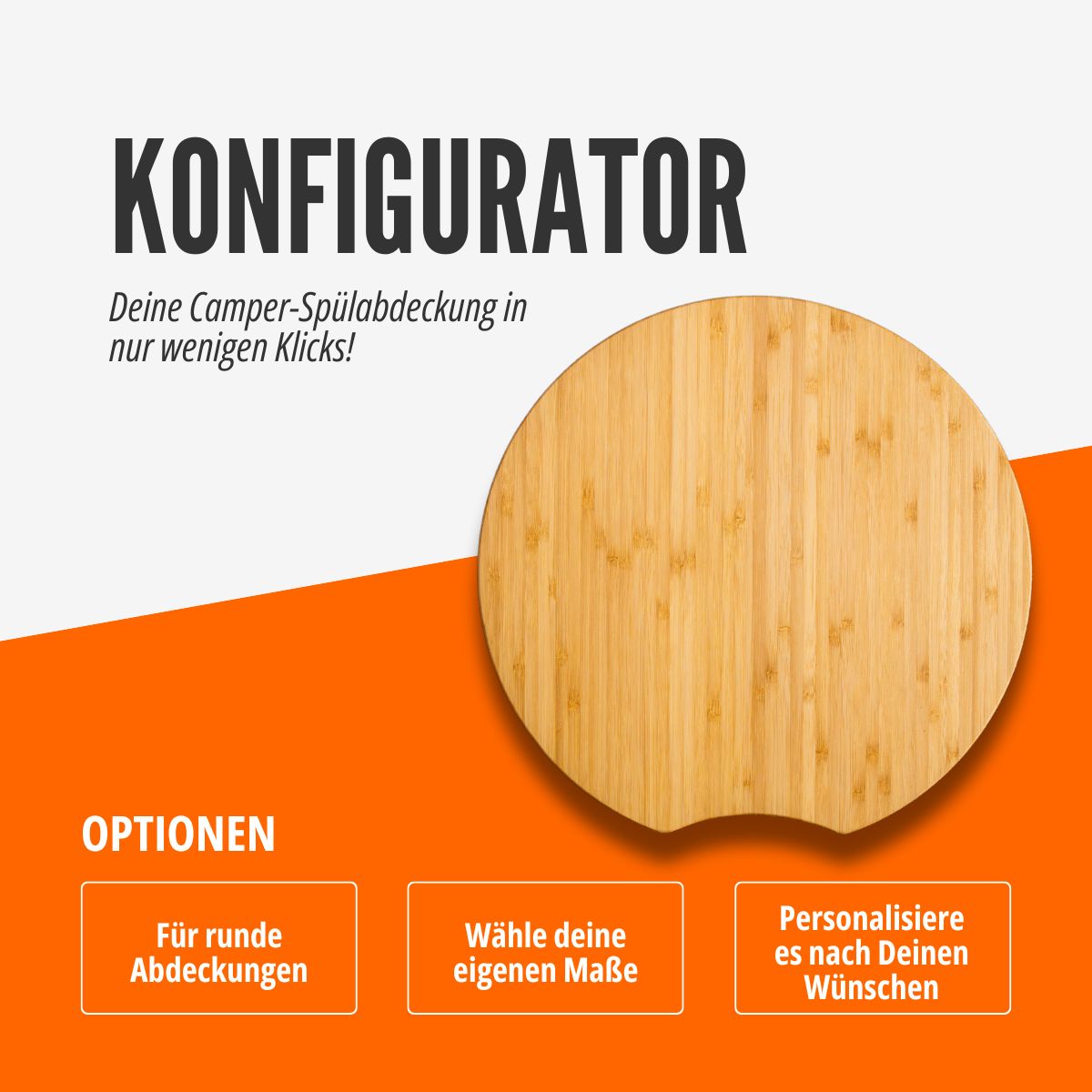 Konfigurator für runde Camper-Spülabdeckungen aus Bambus mit individuellen Maßen und personalisierbaren Optionen.