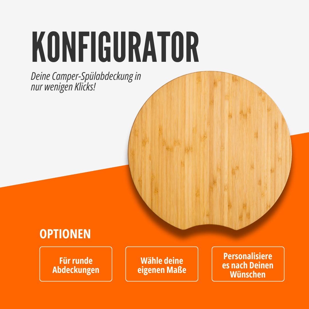 Konfigurator für runde Camper-Spülabdeckungen aus Bambus mit individuellen Maßen und Personalisierungsoptionen.