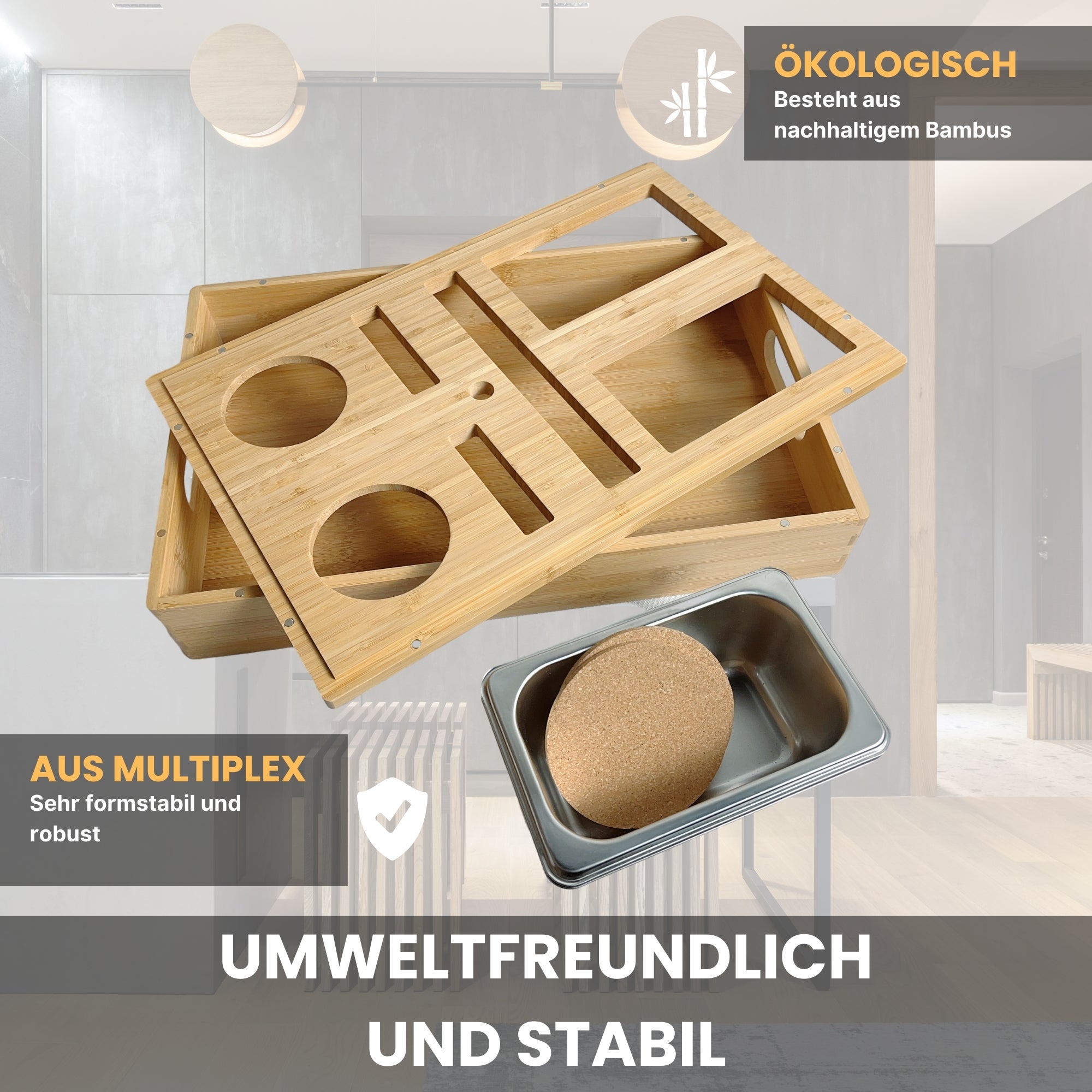 Nachhaltige personalisierbare Couchbar aus robustem Multiplex-Bambus mit Edelstahl-Gastrobehältern und Korkabdeckungen. Umweltfreundlich, formstabil und langlebig – ideal für das Wohnzimmer. Design und Herstellung von das-brettchen.de
