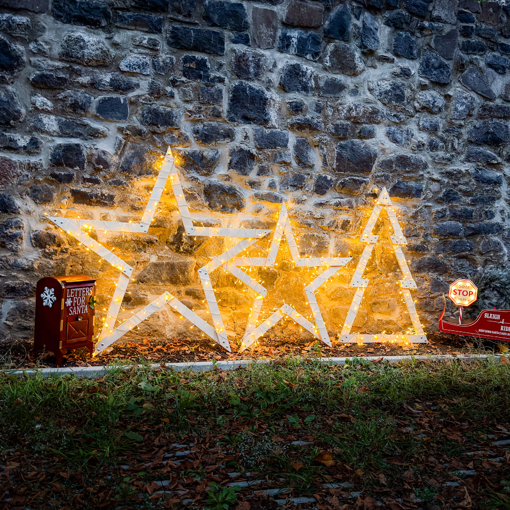 Weihnachtsdeko Set aus Holz, Stern und Tannenbaum für Lichterkette, Bausatz für Garten und Terrasse