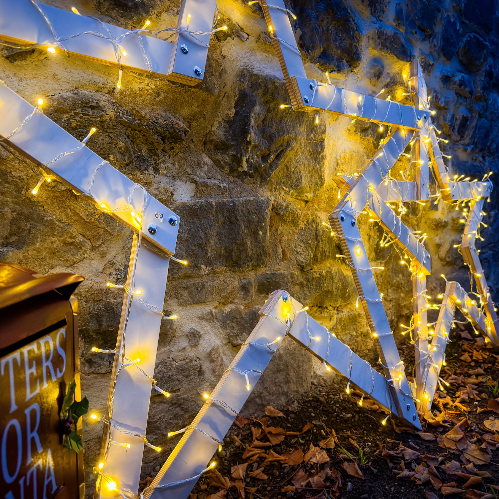 Weihnachtsdeko Set aus Holz, Stern und Tannenbaum für Lichterkette, Bausatz für Garten und Terrasse