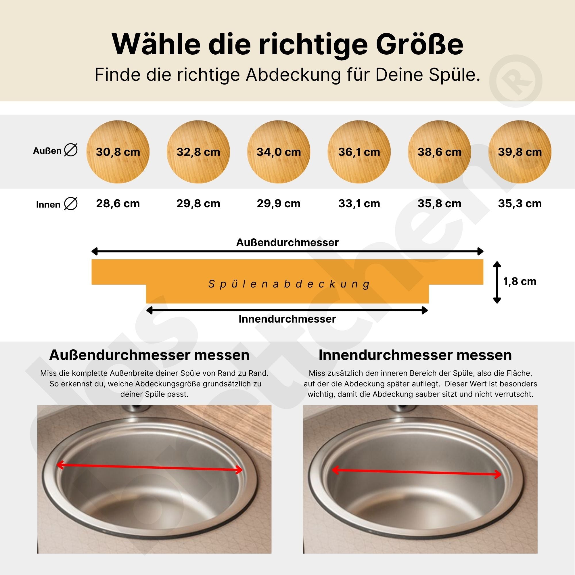 Spülabdeckung mit Schneidebrettfunktion aus Bambus (rund) / Größentabelle / Messhilfe